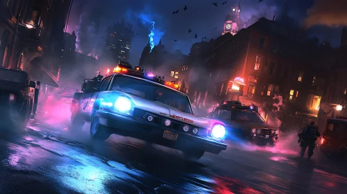 Nighttime Police Chase in City Fog