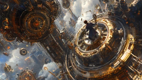 Intricate Steampunk Cityscape with Lone Individual