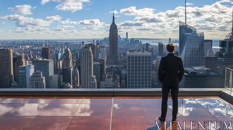 AI ART Man Overlooking City's Skyline from Rooftop