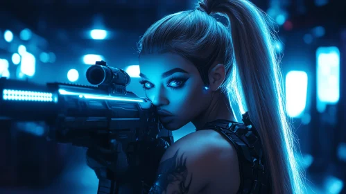 Cyberpunk Female Soldier in Neon Blue Light