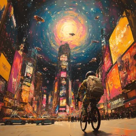 Neon City Cyclist Under Cosmic Night Sky