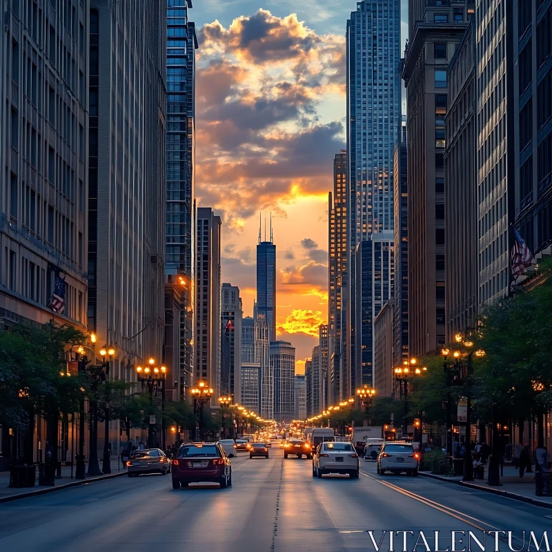 Urban Sunset Scene with Tall Buildings and Busy Street AI Image