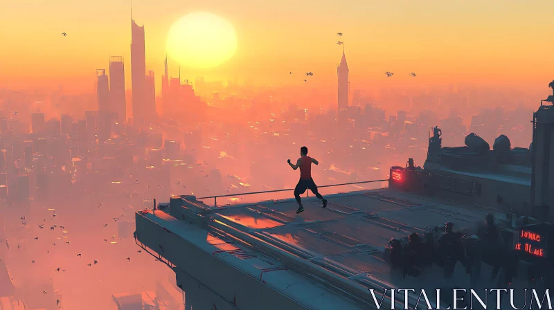 Running on a Futuristic Rooftop at Sunset AI Image