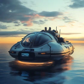 Advanced Hovercraft Hovers Over Serene Sea During Sunset