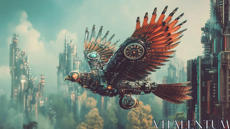 Cybernetic Avian in a Technological Cityscape AI Image