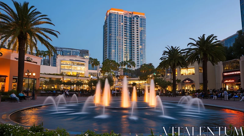 Urban Evening Scene with Fountain and High-Rise Buildings AI Image