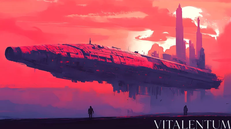 Giant Spaceship Hovering Above Futuristic Skyline AI Image