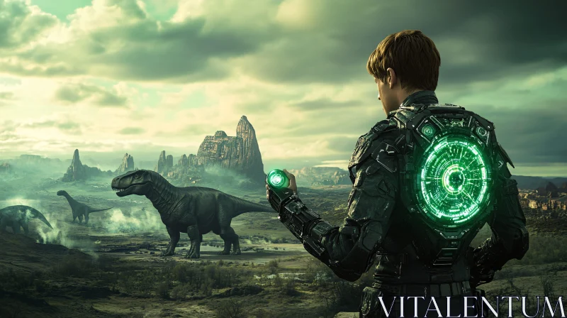 High-Tech Armor and Prehistoric Landscape with Dinosaurs AI Image