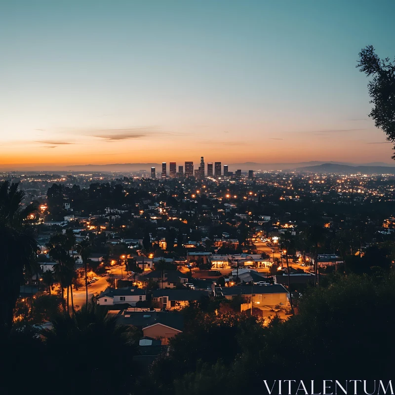 Sunset Over City with Illuminated Skyline AI Image