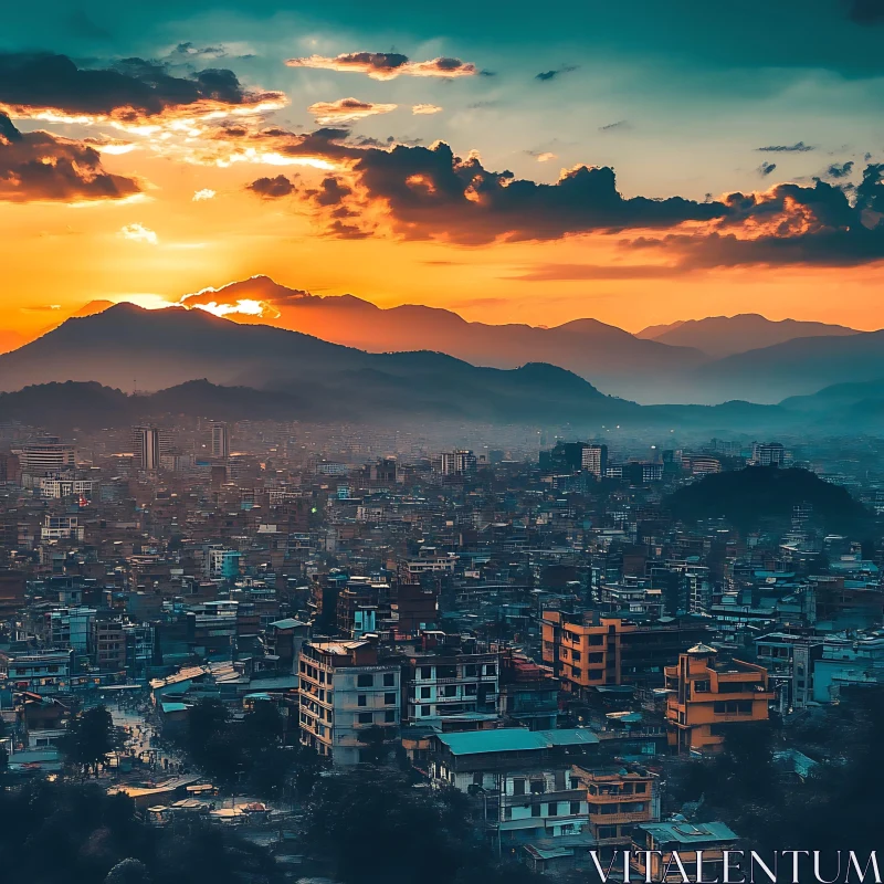 Breathtaking Urban Sunset with Mountains AI Image