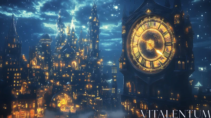 Enchanted Nightscape with Towering Clock AI Image