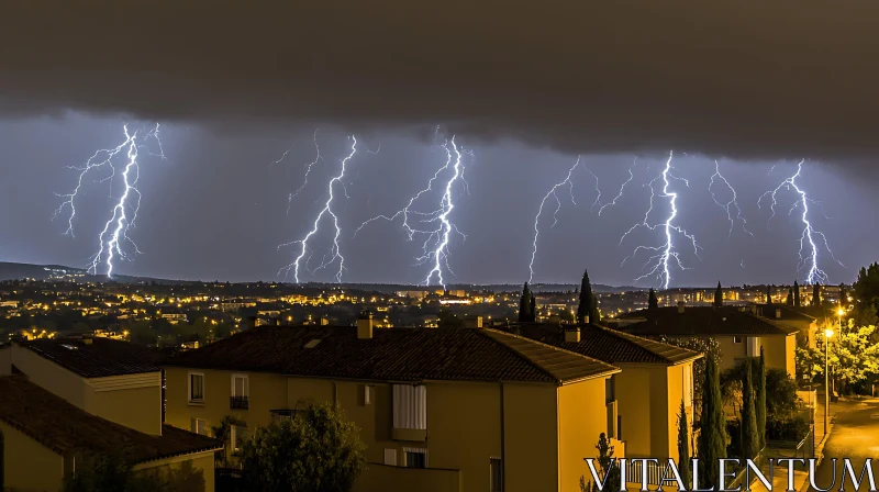 Multiple Lightning Strikes Over Cityscape AI Image