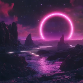 Mystical Night Scene with Glowing Pink Ring