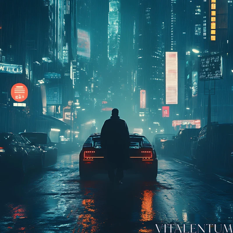 Cyberpunk Cityscape with Illuminated Billboards and Rain AI Image