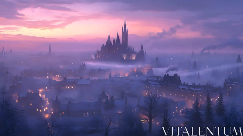 AI ART Mystical Castle Overlooking a Misty City at Twilight