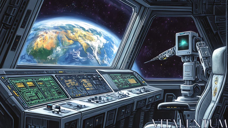 Futuristic Spacecraft Control Room Overlooking Earth AI Image