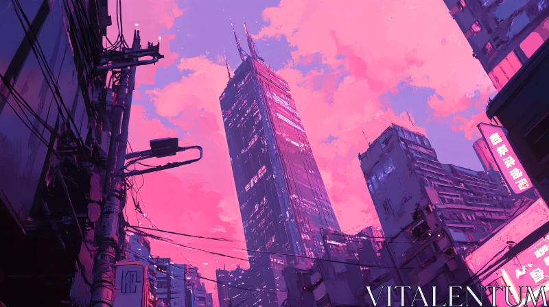 Pink and Purple Twilight Over a Neon-Lit Urban Landscape AI Image