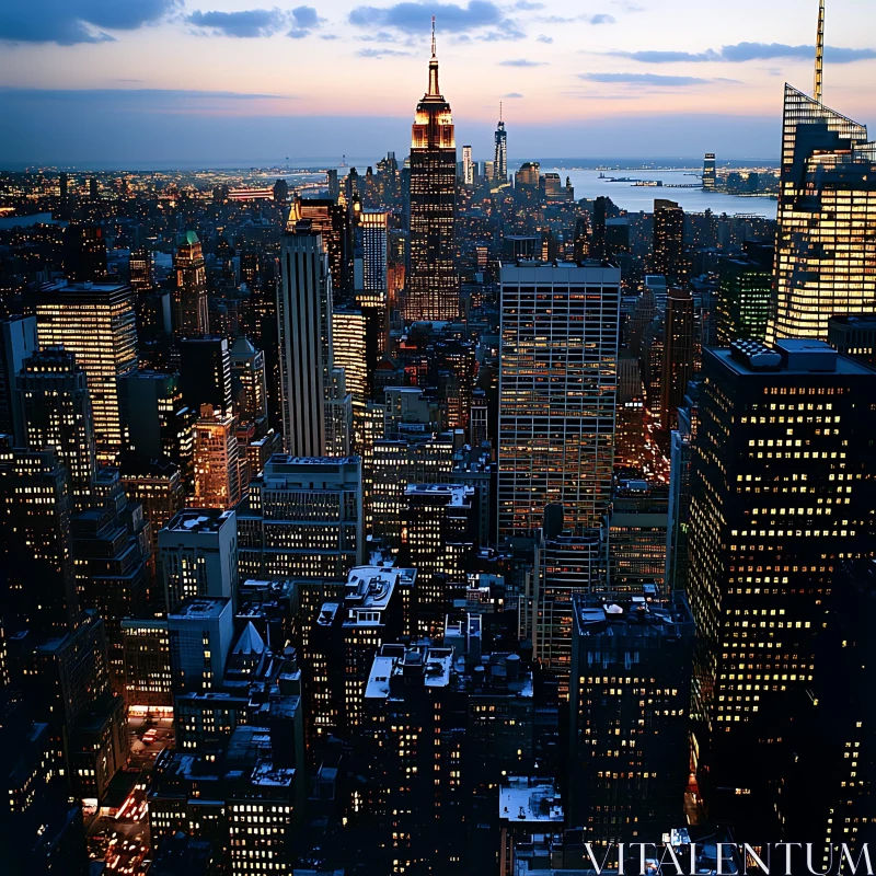 Twilight Cityscape with Towering Illuminated Skyscrapers AI Image