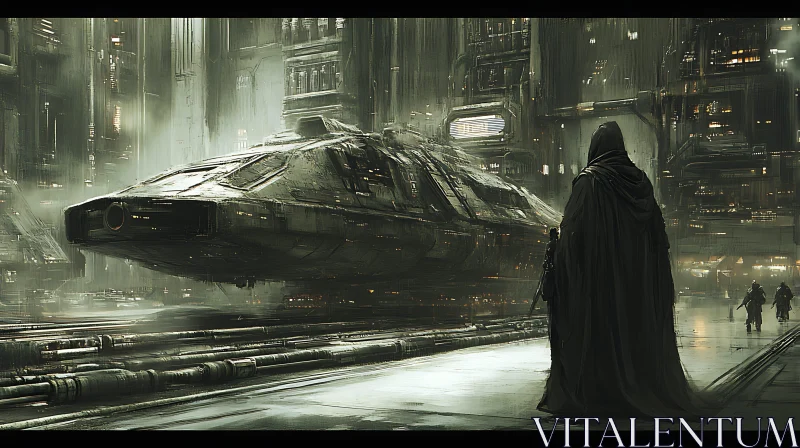 AI ART Dystopian Future with Mysterious Cloaked Figure and Spaceship