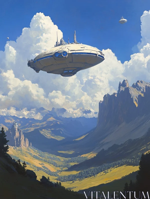 AI ART Spaceship Over Mountainous Landscape