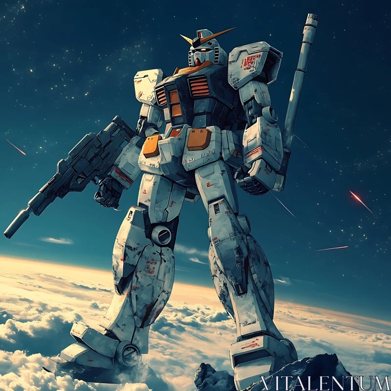 Battle-Ready Robot Over the Clouds AI Image