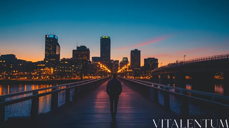 Sunset Over City with Silhouette on Bridge AI Image