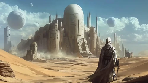 Sci-Fi Desert Scene with Mysterious Figure and Ancient Monoliths