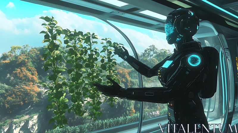 Futuristic Cyborg and Lush Green Plants AI Image