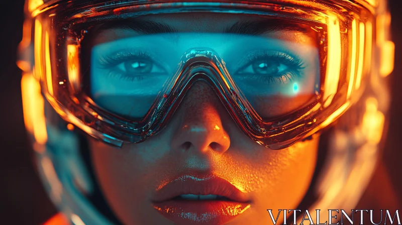 Close-Up of a Woman in a Futuristic Glowing Helmet AI Image