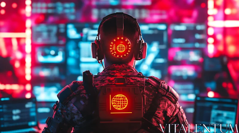 High-Tech Soldier in Digital Command Center AI Image