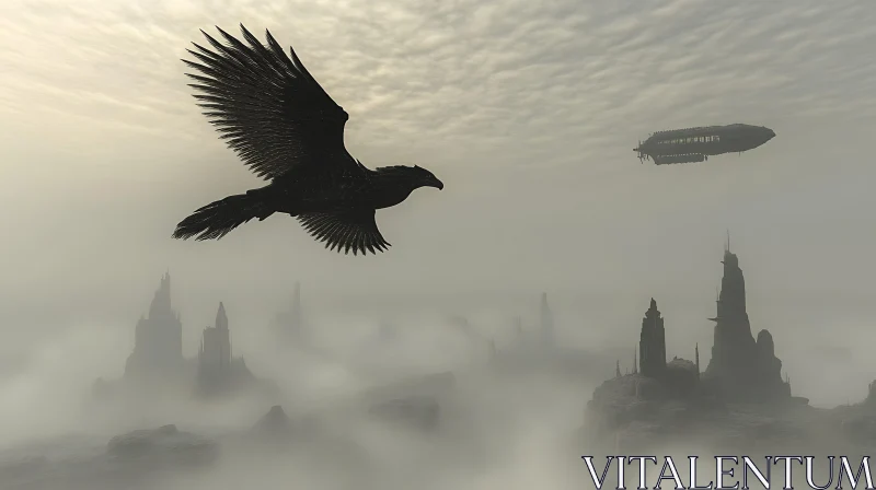 Mystical Landscape with Bird and Airship in Fog AI Image