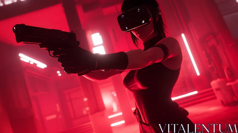 Cyberpunk Virtual Reality with Gun in Red Neon AI Image