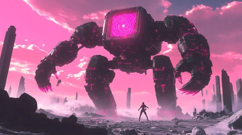 Futuristic Giant Robot Against Pink Sky