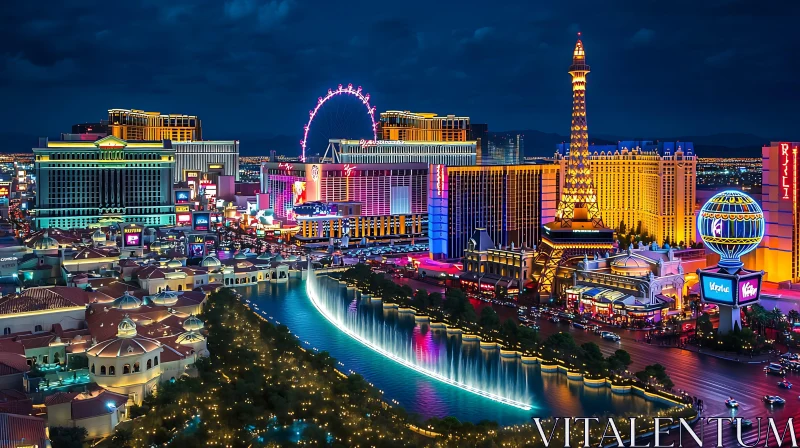 Illuminated City at Night with Ferris Wheel and Eiffel Tower Replica AI Image