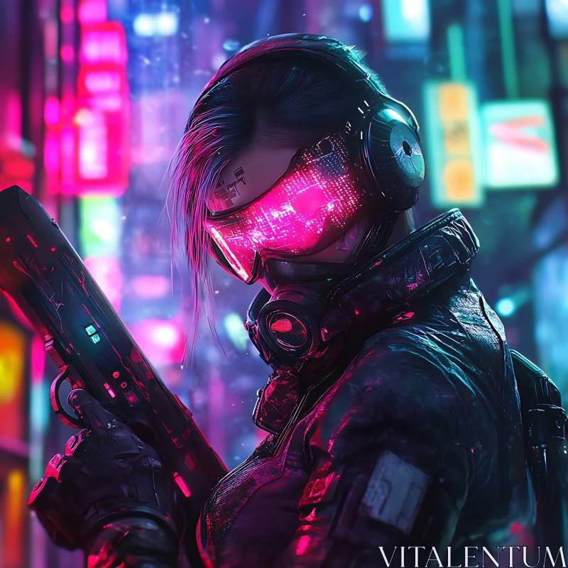 Neon Cyber Warrior in Urban Futuristic Setting AI Image