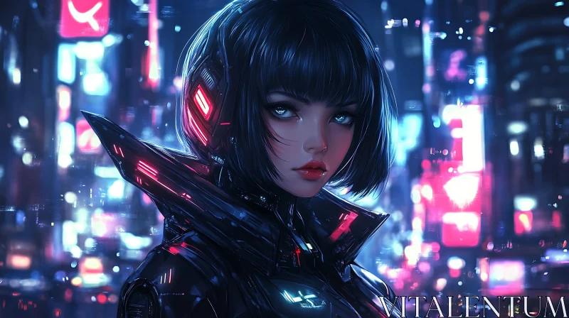 Cyberpunk Woman with Hi-Tech Helmet in Neon City AI Image