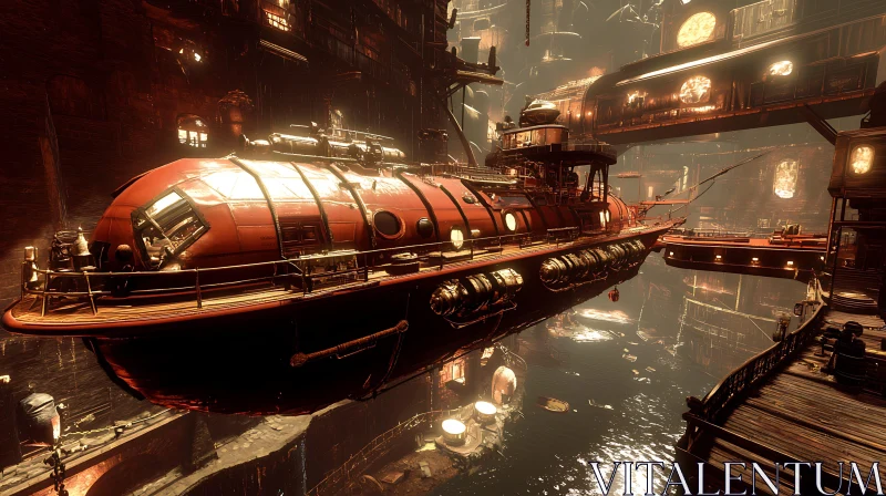 Industrial Steampunk Submarine Scene AI Image