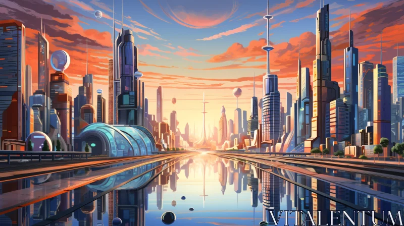 Sunset Over a Futuristic City AI Image