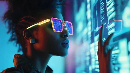 Cyberpunk Woman in Neon Glasses Handling Virtual Interface