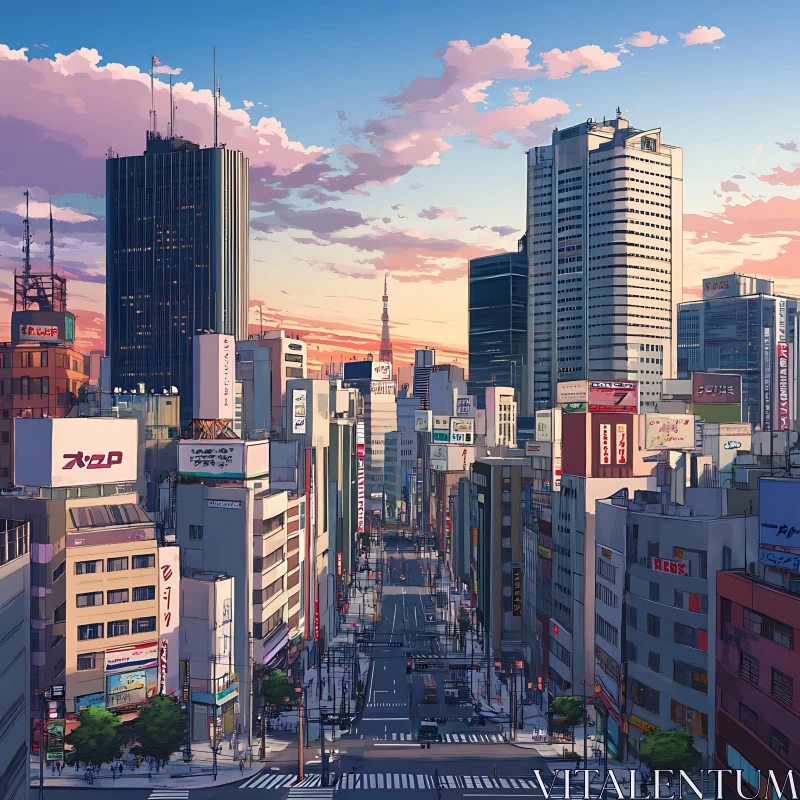 Urban Sunset Skyline with Bustling City Streets AI Image