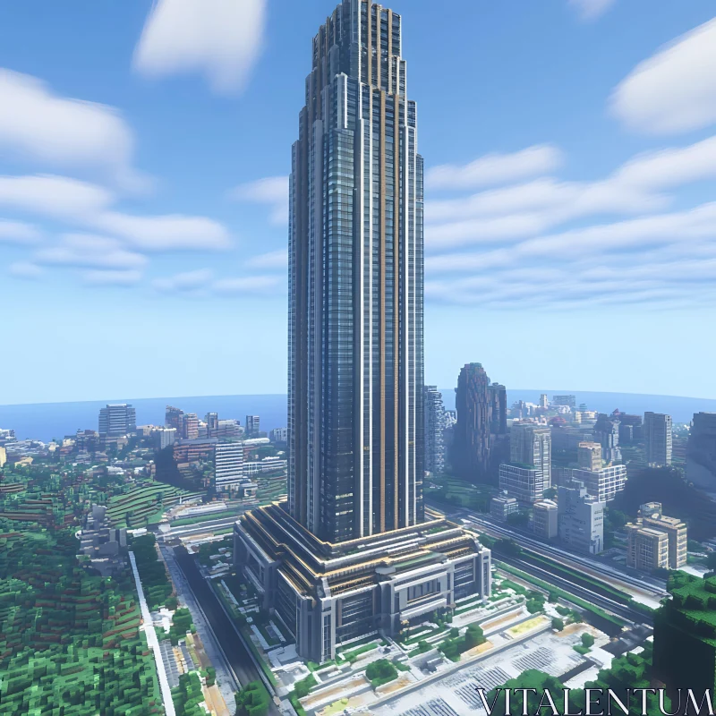 Majestic Digital Skyscraper in Minecraft City AI Image