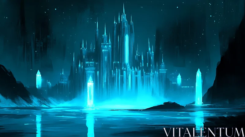 AI ART Mystical Blue Castle in Night Fog