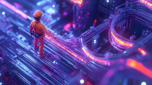 Cyber Explorer Amidst Neon Structures