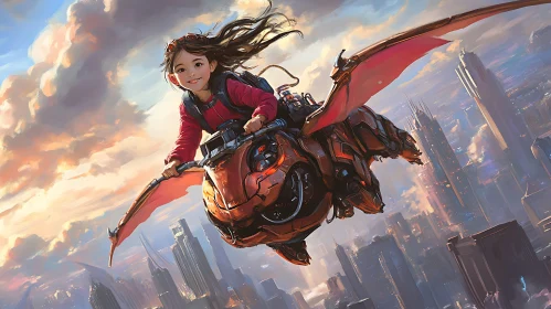 Futuristic Girl Riding Robotic Dragon over Cityscape