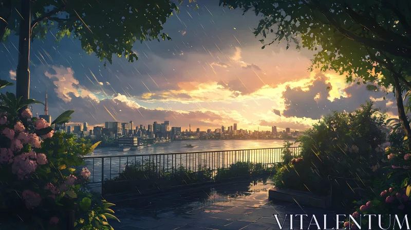 Golden Hour Over Rainy City With Lush Terrace AI Image