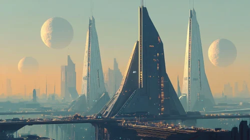 Sci-Fi Cityscape with Towering Skyscrapers and Moons