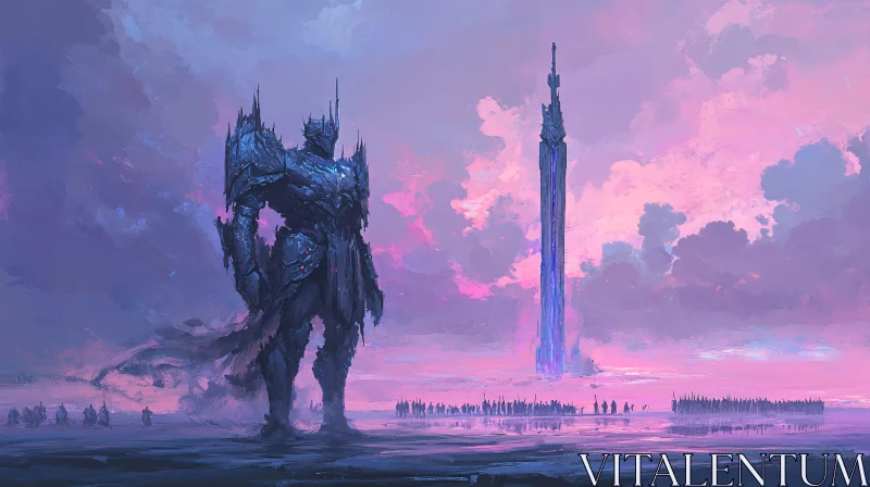 Giant Armored Figure and Monumental Structures AI Image