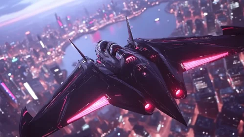 Advanced Jet Flying Over Neon-Lit City