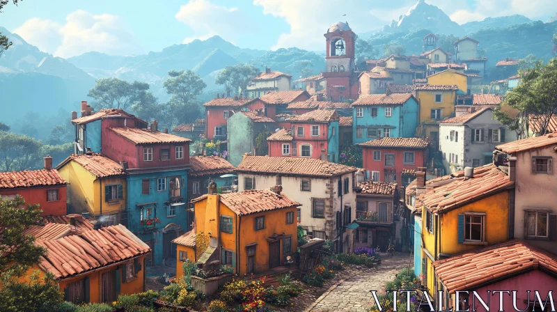 AI ART Picturesque Village with Colorful Rooftops and Mountain Backdrop