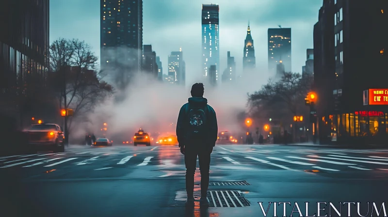 Mysterious Figure in Foggy Urban Street AI Image